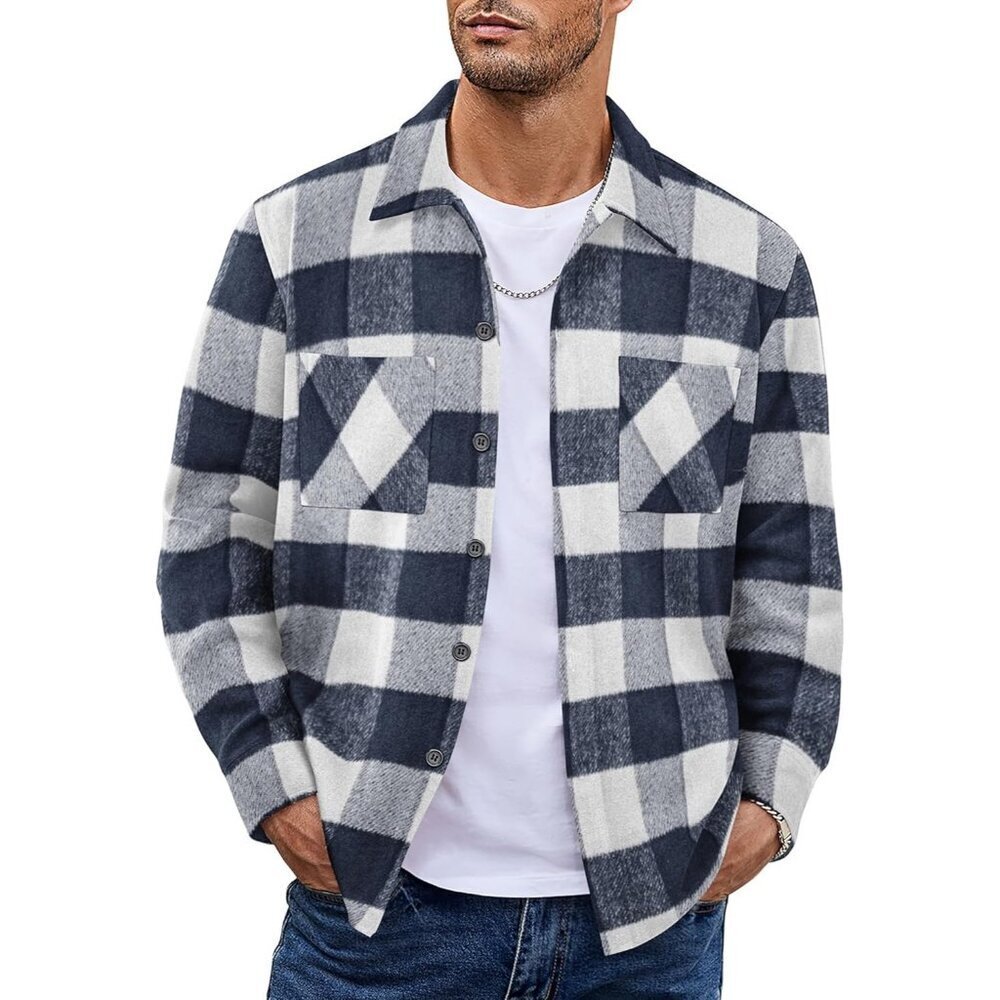 Men's Buffalo Navy Flannel Shirts Casual Button Down Plaid Shirt with Pockets